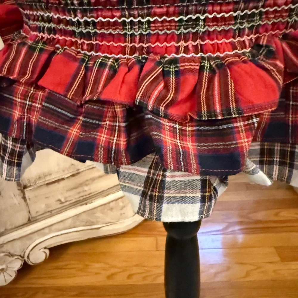English Factory Red & Navy Smocked Tartan Tiered Ruffle Hem Skirt/top. Sz small - Picture 8 of 14